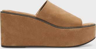 Brunello Cucinelli Suede Monili Platform Slide Sandals