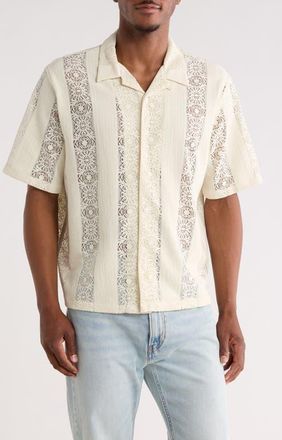PacSun Dexter Lace Panel Button-Up Camp Shirt in Tan at Nordstrom, Size X-Large