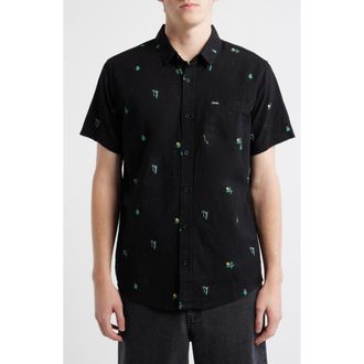 Rip Curl Skelly Breach Tropical Print Short Sleeve Cotton Chambray Button-Down Shirt in Black at Nordstrom, Size Xx-Large
