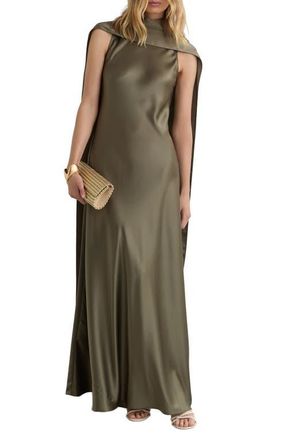 Reiss Fae Drape Sleeveless Satin Gown in Khaki Green at Nordstrom, Size 14 Us