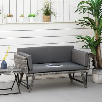 OUTSUNNY 2 in 1Rattan Folding Chaise Lounger w/ Cushion for Garden in Grey