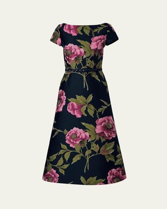 Carolina Herrera Metallic Floral Jacquard Short-Sleeve Belted Midi Dress