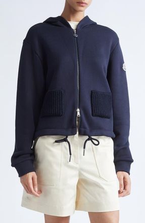 Moncler Knit Accent Cotton Blend Zip Hoodie in Dark Navy Blue at Nordstrom, Size Xx-Large