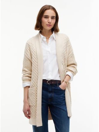 Tommy Hilfiger Womens Shawl Collar Cable Knit Long Cardigan - Ivory - XXL