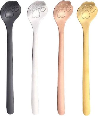 OEM Juego De 4 Cucharas De Postre De Acero Inoxidable Con Dise&ntilde;o De Huella De Gato - 15 Cm, En 4 Colores, Para Helado, Caf&eacute; Y T&eacute;