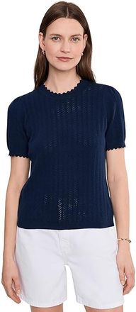 CeCe by Cynthia Steffe Pointelle Scallop Crew Neck Sweater Womens Sweater Classic Navy : SM, Cotton
