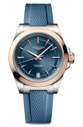 Longines Conquest Automatic Rubber Strap Watch, 34mm in Blue at Nordstrom