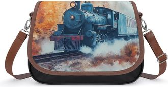 Generic Watercolor Vintage Steam Train Leather Crossbody Bags for Women Messenger Handbag Purse Shoulder Bag