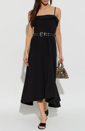 Ganni Asymmetric Dress With A Waist Belt, Womens, Black