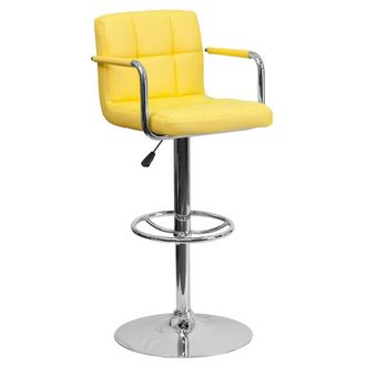 Flash Furniture Yellow Quilted Vinyl Adjustable Height Barstool with Arms and Chrome Base