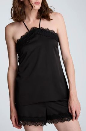 Kenneth Cole Eyelash Lace Trim Satin Top in Black at Nordstrom, Size X-Small
