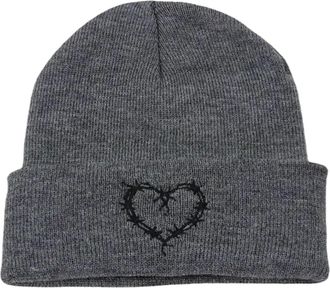 Generic Womens Knitted Hats Chunky Winter Warm Thermal Cap Unisex Knitted Hat with Love Embroidery Warm and Fashionable Woolen Hat Souwester Hat (Grey, One Si