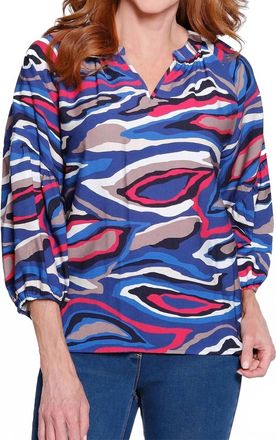 Multiples 3/4 Raglan Latern Sleeve Band Collar Hi Lo Top In Multi