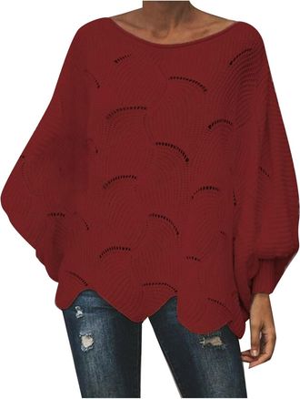 Generic Batwing Jumper for Women UK Loose Fit Crochet Oversized Round Neck Sweater Long Sleeve Tops Slouch Lightweight Chunky Cable Knit Pullover Casual Stree