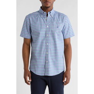 Brooks Brothers Regular Fit Non-Iron Stretch Oxford Short Sleeve Button-Down Shirt in Lavender Arctic Plaid at Nordstrom Rack, Size Xx-Large