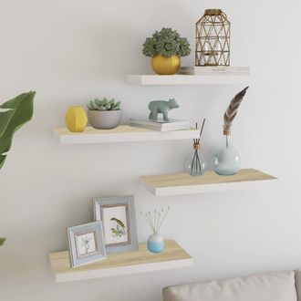 vidaXL Wall Shelf Set of 4 Oak and White Honeycomb MDF, Metal Standard