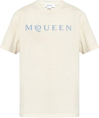 Alexander McQueen Alexander McQueen, T-Shirts, male, Beige, Size: XL Flock Print Logo T Shirt