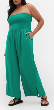 City Chic Ally Smocked Strapless Wide Leg Jumpsuit in Green at Nordstrom, Size Xxxs