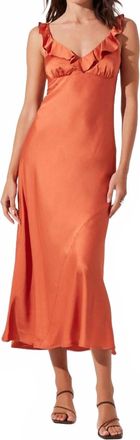 Astr Zoie Satin Ruffle Midi Dress In Brick
