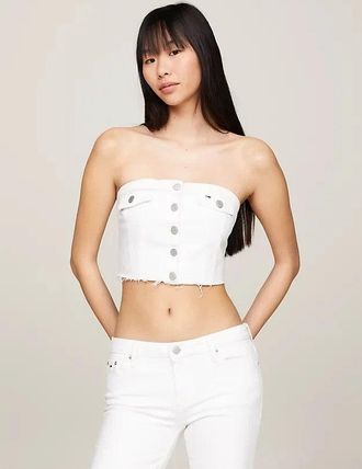 Tommy Hilfiger Tommy Jeans Bustier Top Women White Denim Off the Shoulder Cropped FTS1297
