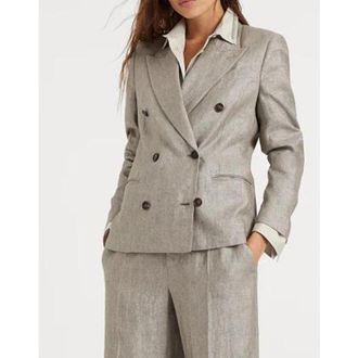 Brunello Cucinelli Womens Brown Linen Double-Breasted Blazer, Size 14