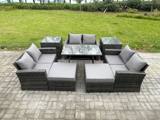 Fimous Outdoor Lounge Sofa Set Wicker PE Rattan Garden Furniture Set with Rectangular Dining Table 2 Seat Sofa Big Footstool in Dark Grey