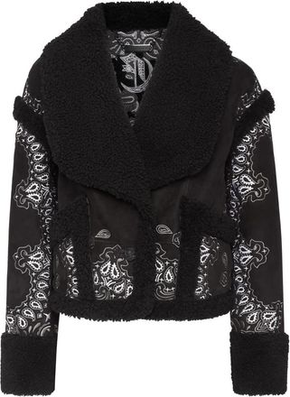 Philipp Plein Shearling Jas Paisley Bandana - Dames - Leren en Su&egrave;de Jassen - Zwart - S - Polyester - Jassen