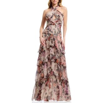 Dress The Population Maya Cutout Halter Evening Gown in Champagne Multi at Nordstrom, Size Xx-Large