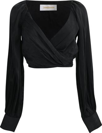 Zimmermann Long Sleeve Wrap Cropped Top in Black Silk