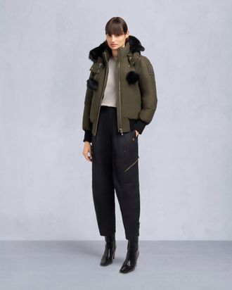 Moose Knuckles Womens Original Debbie Shearling Trim Bomber Jacket