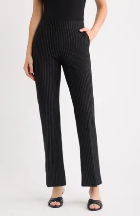 Anne Klein Pinstripe Wide Leg Pull-On Trousers in Anne Black/white Dove at Nordstrom, Size Xx-Small