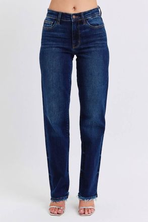 Judy Blue Selena Mid Rise Straight Leg Jeans With Fray Hem In Blue