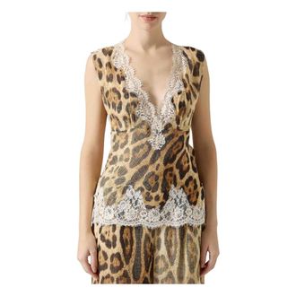 Ermanno Scervino Top met luipaardprint en kanten rand - Dames - Tops zonder mouwen - Veelkleurig - 2XS - Katoen - Tops
