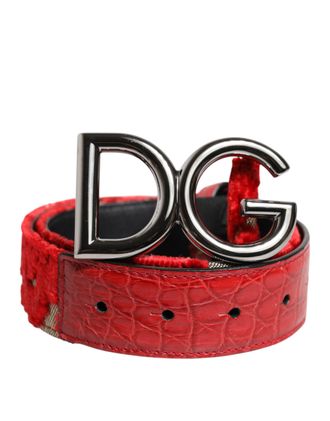 Dolce & Gabbana Red Viscose Silver DG Logo Metal Buckle Womens Belt