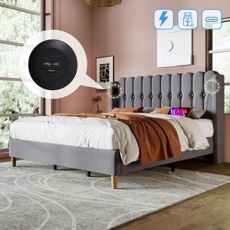 OEM (=ab20654546g) Letto Matrimoniale Imbottito Con Funzione Di Ricarica Usb Type C, Struttura Letto Con Base A Doghe, Letto Imbottito Grigio, Struttura L