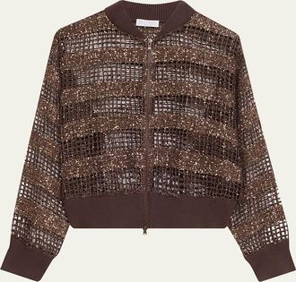 Brunello Cucinelli Sparkling Sequin Net Knit Bomber Jacket