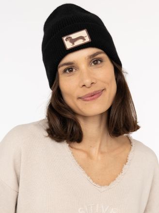 Zwillingsherz Beanie ZWILLINGSHERZ Dog Patch, Damen, schwarz, Strick, Obermaterial: 55% Polyacryl, 30% Viskose, 15% Wolle, M&uuml;tzen Beanie, mit s&uuml;ssem Dackelmotiv und