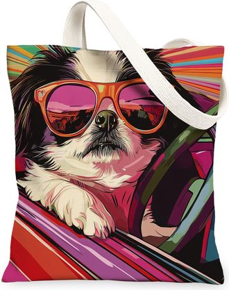 Generic Japanese Chin Dog Canvas Tote Bag for Shopping 13x15, Pop Aesthetic Funky Puppy Reusable Grocery Print Pattern Bag for Women, Cool Pet Beach Aesthetic