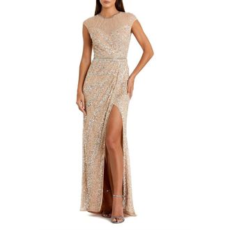 Mac Duggal Embellished Illusion High Neck Cap Sleeve Gown in Nude at Nordstrom, Size 12
