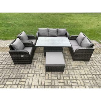 Fimous Rattan Outdoor Garden Furniture Sets Height Adjustable Rising lifting Dining Table Reclining Chair Sofa Set with Big Footstool Dark Grey Mixed