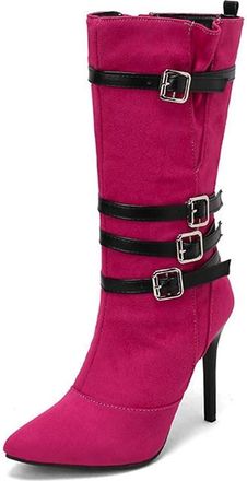 Generic Womens Fashion Buckle Straps Decor Pointed Toe Stiletto High Heel Mid Calf Boots Slip On Casual Party Winter Shoes (Rose Red,7.5)
