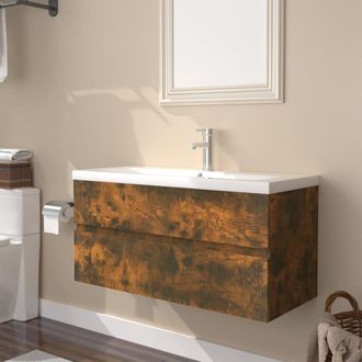 vidaXL Mueble De Ba&ntilde;o Con Lavabo Madera Contrachapada Roble Ahumado Vidaxl