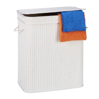 Relaxdays 3 X Cestos Ropa Sucia Rectangulares Con 2 Compartimentos, Cubo Colada, Canasta Con Tapa, Bamb&uacute;, 95 L, Blanco