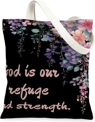 Generic Floral Canvas Tote Bags, Botanical Design Reusable Grocery Bags, Spring Vintage Chic Lightweight Washable Shoulder Strap Ca, Black, 13x15 Inch