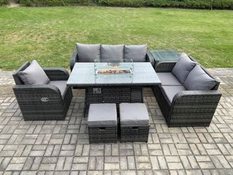 Fimous Garden Patio Furniture Wicker Rattan Gas Fire Pit Table & Sofa Chair set with Side Table 2 Small Footstools in Dark Grey