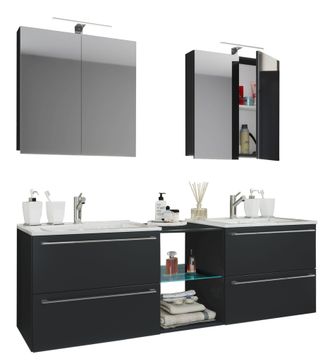 VCM 3 Pcs Set 2 Lavabo, 2 Gabinete Espejo, 2 Lavabo, 1 Compartimento Medio Lavabo Cer&aacute;mico Gabinete Inferior 155 Cm Mueble De Ba&ntilde;o Set Doble Lavadero - Ba