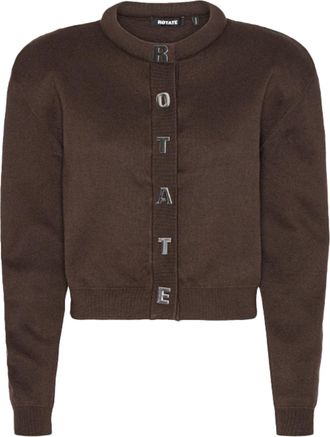 Rotate Cropped Ribbed Knit Cardigan with Metallic Letters