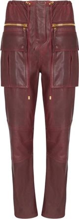 Balmain Lamslederen Cargobroek - Dames - Leren Broeken - Rood - XS - Leer - Broeken