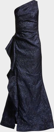 Teri Jon One-Shoulder Jacquard Side-Ruffle Gown