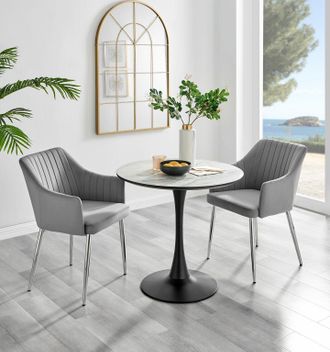 Furniturebox Elina White Marble Effect Scratch Resistant Dining Table & 2 Calla Velvet Silver Leg Chairs in Grey